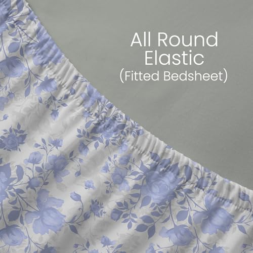 Image of Layers 100% Cotton Fitted Sheet for King Size Bed | Lumina Floret Collection | 144 TC Soft & Breathable | Floral Print with 2 Pillow Covers | Wrinkle Free & Colorfast | 3 Pc Bedding Set - Blue