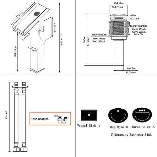 Led Bathroom Vessel Sink Faucet Black&Gold Waterfall Single Handle 1 Hole Matching Pop Up Drain Without Overflow Lavatory Vanity Basin Tap Deck Mount Farmhouse Bowl Sink Bath Faucets Combo Deck Mount #TOP1
