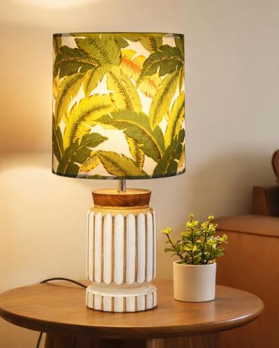 Image of Homesake Retro Farmhouse LED Table Lamp for Living Room Bedroom Rustic Linen Bedside Nightstand Lamps for Kids Room Study Office Wood Night Lamp, Carved Cylinder, (Green Leaf)