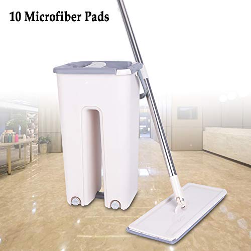 Wischmopp Set mit Eimer,Bodenwischer Set mit 10 Mikrofaser Pads und Langem Edelstahl Griff,Wischmopp mit Auswringfunktion für Marmorboden/Fliesen/Laminat – Bild 6