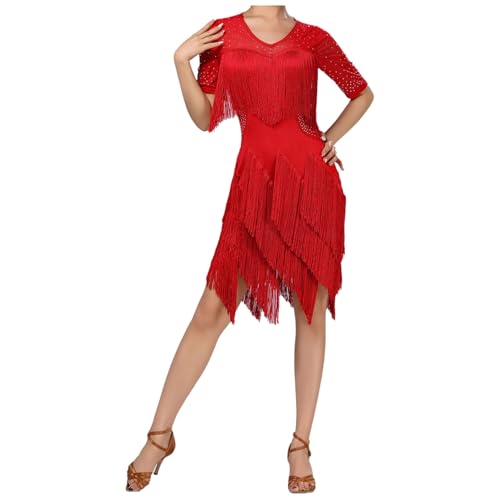 Loodgao Damen Latein Kleider Kurzarm Rundhals Tango Tanzkleider Glitzer Mesh Patchwork Fransenkleider Unregelmäßig Cha Cha Rumba Samba Outfits gr....