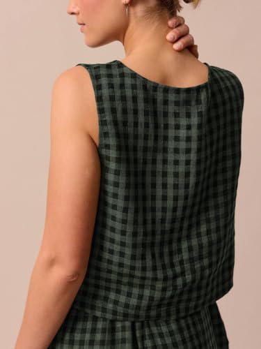 Image of Womens 2 Piece Lounge Sets Cotton Plaid Crop Top High Waisted Baggy Ankle Barrel Pants Gingham Matching Set