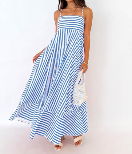 Image of NUFIWI Women Summer Striped Maxi Dress Spaghetti Strap Cutout Ruffle Long Dress Flowy Swing Beach Vocation Dress