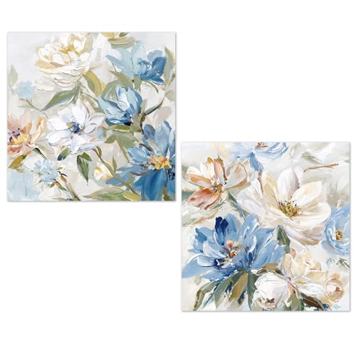Tableaux sur toile blanc et bleu DRW | Lot de 2 décorations murales fleurs 60x60 cm - 2