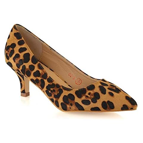 ESSEX GLAM Womens Low Kitten Heel Pumps Ladies Leopard Print Pointed Toe Slip On Courts Work Office Evening Shoes 9 B (M) US Cover