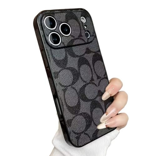 Leather Case for iPhone, Designer Textured Pattern Phone Case with Camera Lens Protection Slim Fit Phone Cover Compatible with iPhone (Black, iPhone 17 Pro)