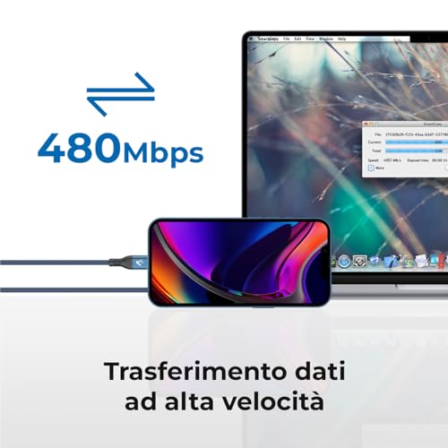 VulTech Cavo Smartphone CS-NCC12BL in Nylon Type-C to Type-C blu 1,2m 3.0A 60W - PD 5A QC 3.0 - MacBook Pro/Air, iPhone 15 / Pro/Pro Max, Samsung S22 Ultra, iPad Pro/Air Mini - Immagine 4
