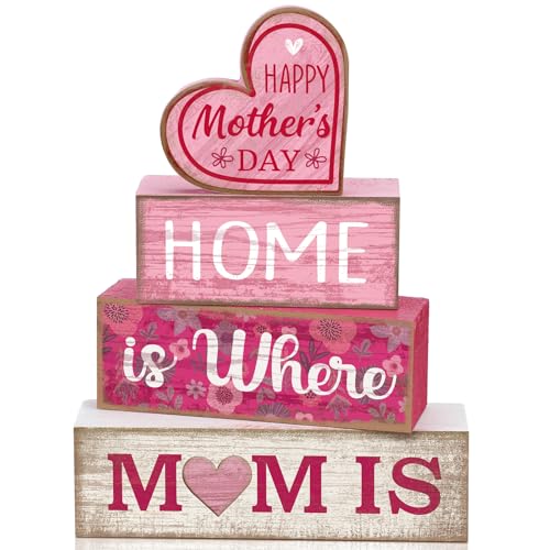 Lineshading 4 Pcs Mothers Day Table Decorations Wooden Pink Heart Decor Happy Mother's Centerpieces Gifts for Mom from Daughter Son Mothers Day Decorations for Home Shelf Indoor Party Decoration