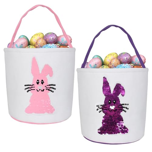 Image of Huaerle 2 Pack Easter Bunny Basket Bags for Kids,Easter Bunny Basket Egg Bags, Easter Egg Hunt Basket with Handle,Canvas Fluffy Tails Rabbit Bags Buckets for Party Gifts(Pink+Purple)