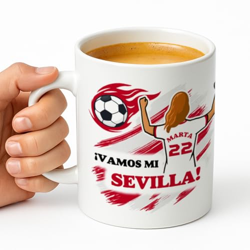 Taza personalizada con nombre y dorsal para aficionados al fútbol, regalo original para niños y adultos, personalización para chica o chico, 350 ml (Sevilla, Chica)