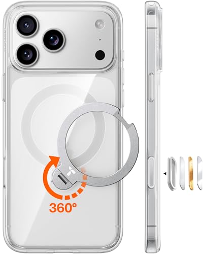 Image of TORRAS Ostand Q3 Spin Designed for iPhone 17 Pro Case, 360 Rotatable Ring Stand & 18N Strong Magnetic Lock, Military-Grade Shockproof Cover for Hands-Free Viewing, Clear