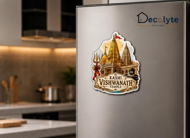 Image of Kashi Vishwanath Temple Theme Wooden Fridge Magnet Souvenir | 3x3 in Kitchen Home Decor Gift