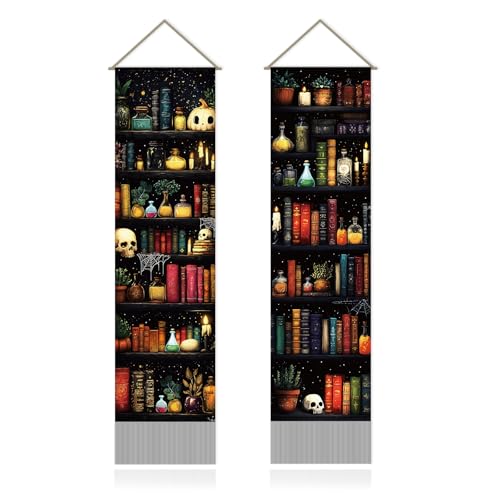 SUPERDANT Pack of 2 Magic Bookshelf Tapestry Skull Wall Hanging Decor Tapestry For Bedroom Vertical Tapestries Blanket Long Narrow Wall Art with Tassel for Home Living Room Decoration Gifts Black