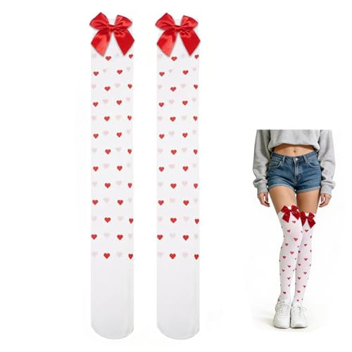 1 Paar Amor Kostüm Overknees Strümpfe Damen 35-40 Weiße Kniestrümpfe mit Schleife,Cupid Costume Thigh High Socks with Bow,Herz Socken mit Schleife, für Weihnachten Halloween Karneval Valentinstag