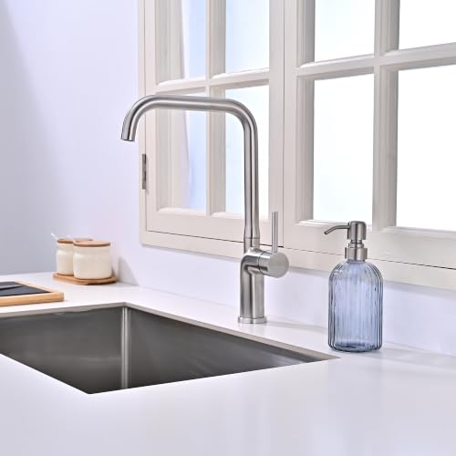 Image of 16 OZ Blue Grey Striped Glass Soap Dispenser with Brushed Nickel Pump