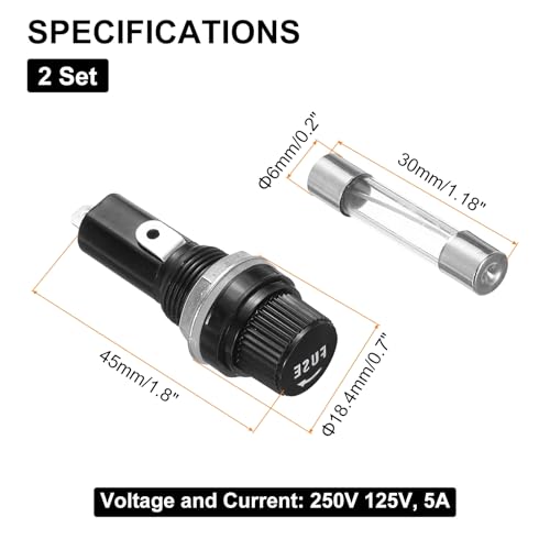 uxcell 2Pcs Panel Mounted Fuse Holders 45 x 18.4mm 250V 125V, 5A Screw Cap Fuse Holders with 2 Pcs 6 x 30mm Fast-Blow Glass Tubes Fuses