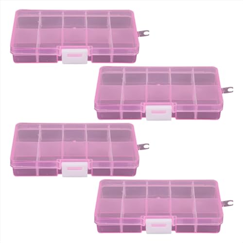 Image of 4 Pcs 10 Grids Removable Plastic Jewelry Boxes Clear Bead Storage Boxes Small Item Organizer Boxes Adjustable Divider Boxes Containers for Craft White Pink