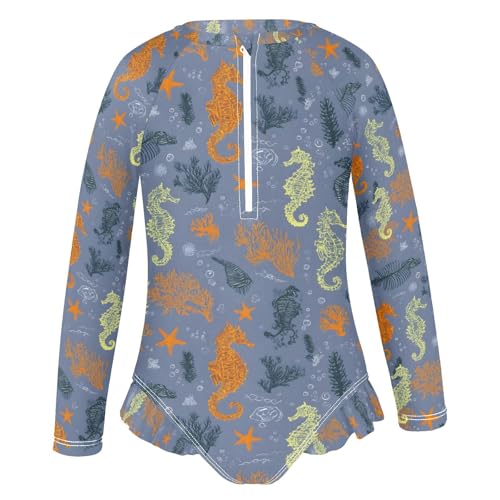 ALAZA Orange Seahorse Coral Reef Blue Girls One Piece Swimsuit Long Sleeve Rash Guard Swimsuits UV 50+ Swimwear Zipper2
