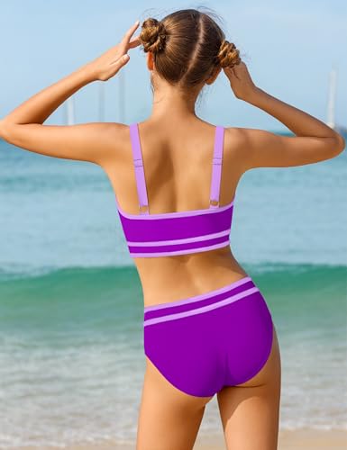 Image of Girls Swimsuit Double Strap High Waist Sporty Bikini Swimsuits Swim Cover Up Skirt 3 Piece Set