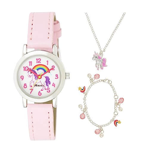 Ravel - Reloj de Unicornio Infantil 'Little Gems' y Juego de Regalo de Joyas Plateadas