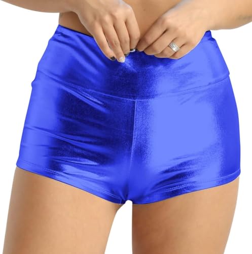 OSRDFV Pantalones cortos metálicos brillantes de cintura alta para mujer, para gimnasio, yoga, ropa de baile, azul, S
