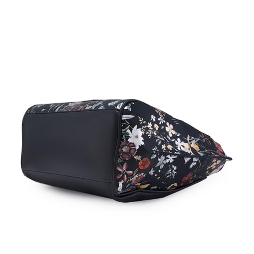 Image of Caprese Fiorella Satchel, Black-Large | Stylish Floral Printed Shoulder Bag for Women with Adjustable Sling Strap | Easy Back Access Pocket & Spacious | Perfect for Office & Daily Essentials