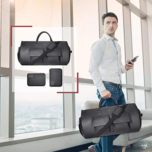 Garment Bag Duffel Bag Microfiber Leather Carry on Suit Travel Bag with Digital Pocket and Wash Pocker Weekend Bag with Shoe Pouch for Men (Black)
