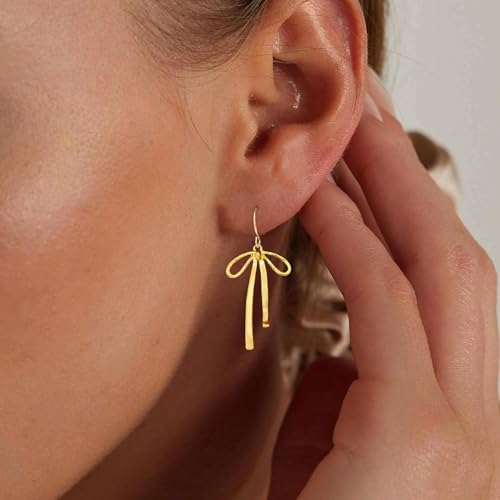 Gold Bow Earrings for Women Trendy, Cute Bow Stud Earring 14k Gold Plated Dainty Ribbon Pearl Bow Drop Dangle Earrings Hypoallergenic Gold Earrings Sparkly Christmas Earrings for Women Jewelry Gift3