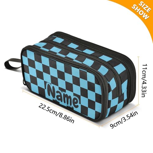 Image of Custom Black Blue Checkered Pattern Pencil Case Box Boys Girls Personalized Name Large Pencil Pouch Stationery Pen Bag Organizer for Kids Adults School Office