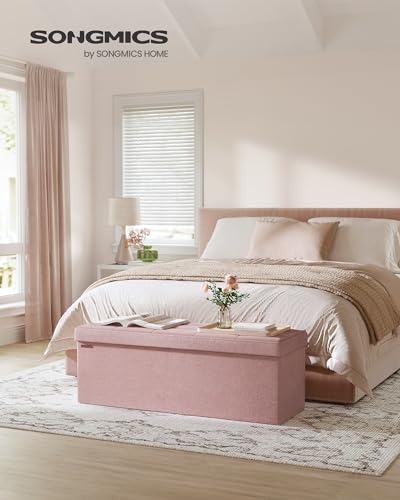 Image of SONGMICS MAZIE Collection - 43 Inches Folding Storage Ottoman Bench, Ottoman Foot Rest, End of Bed Bench, Storage Chest, Load 660 lb, for Living Room, Bedroom, Entryway, Jelly Pink ULSF077R11