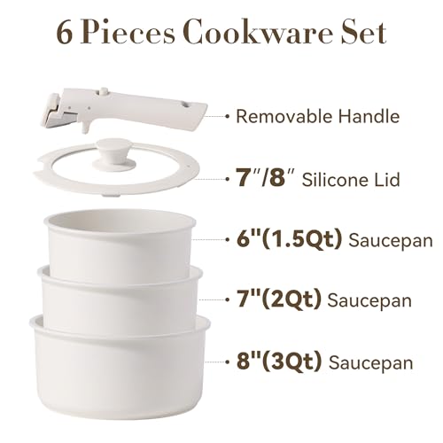 Image of CAROTE 6pcs Nonstick Sauce Pan Sets with Lid 3 Sizes（1.5QT, 2QT & 3QT）, Non Stick Cooking Pot with Detachable Handle, Kitchen Sauce Pots Induction Pot, PFOA FREE, Dishwasher Safe, Cream White