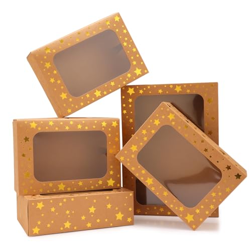 CHOUNYEE 24 Pack Christmas Cookie Boxes Gold Star Bakery Boxes with Window (9x6x3 Inch) Sturdy Pastry Boxes for Baked Goods Treat Box for Holiday Gift Exchange Cookie Tins with Lids for Gift Giving