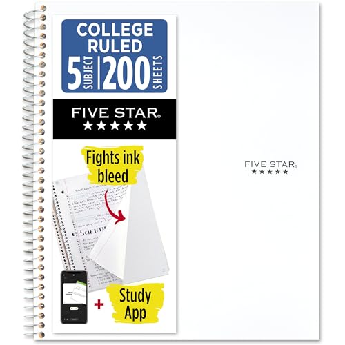 Five Star Spiral Notebook + Study App, 5 Subject, College Ruled Paper, 8-1/2' x 11', 200 Sheets, Fights Ink Bleed, Water Resistant Cover, White (72460)