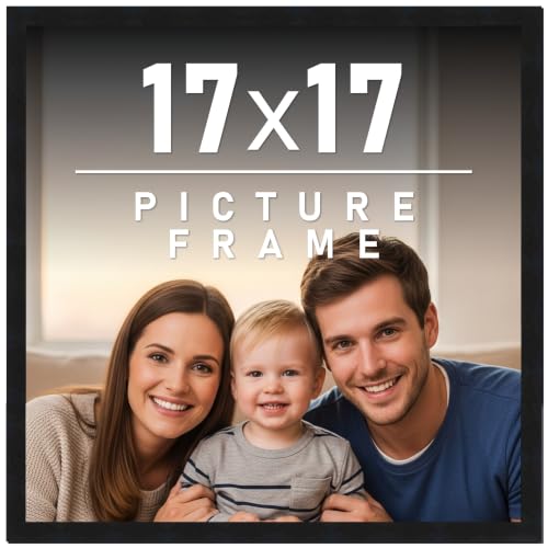17x17 Frame Black Picture Frame - Modern Photo Frame Includes UV Acrylic Shatter Guard Front, Acid Free Foam Backing Board, Hanging Hardware Wood Square Frame Wall Frames for Family Photos - no Mat