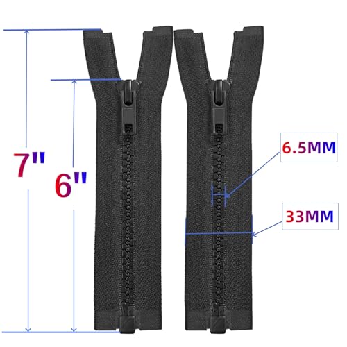 Image of MebuZip 2PCS #5 6 Inch Separating Jacket Zippers Resin Zipper Molded Plastic Zippers Bulk for Sewing Coat Jackets Clothes (Black)