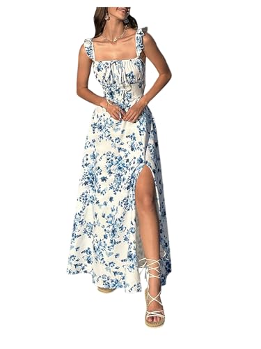 WDIRARA Women's Floral Print Ruched Square Neck Maxi Dress Tie