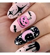 Halloween Medium Fake Nails Oval Press on Nails Pink Halloween Acrylic Nails Full Cover Glue on N...