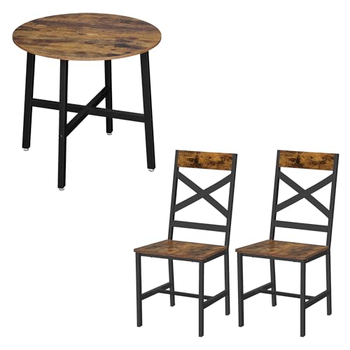 VASAGLE Ensemble de Meuble de Salle à Manger, Table Ronde 80 x 75 cm (ø x H) et 2 Chaises, Cadre en Acier, Style Industriel, pour Salon, Cuisine, Marron...