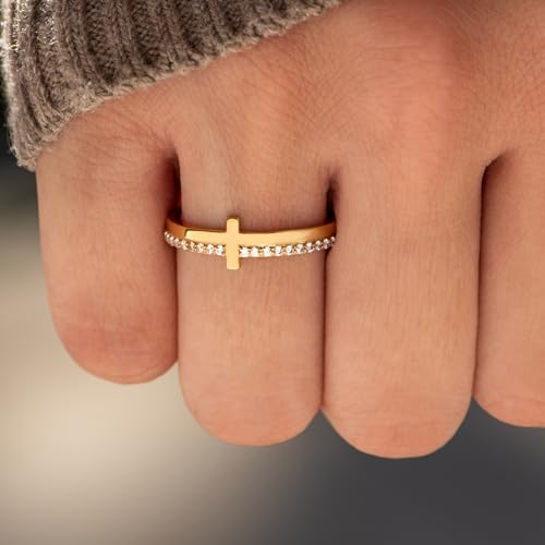 STORYJEWELLERY Anniversary Rings for Women, Gold Plated Cross Ring, 925 Sterling Silver Purity Ring with Cubic Zirconia, Dainty Christian Jewelry Non Tarnish, Confirmation and Baptism Gifts, Size 6 by STORYJEWELLERY - Used condition - Image 2