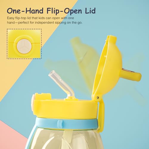 Image of BAYBEE Lovely Bunnies Kids Water Bottle 600ml | BPA Free & Leakproof Safe Sipper Bottle with Straw | Cute Rabbit Design Smooth Sipping with Handle & Strap, Flip Lid for School Kids & Babys (Yellow)