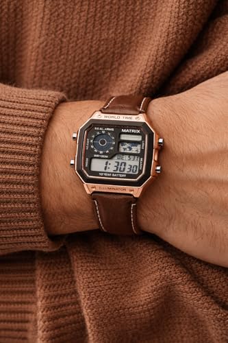 Image of Matrix Illuminator Leather Strap Digital Watch with Alarm, Stopwatch, World Time | for Men & Women
