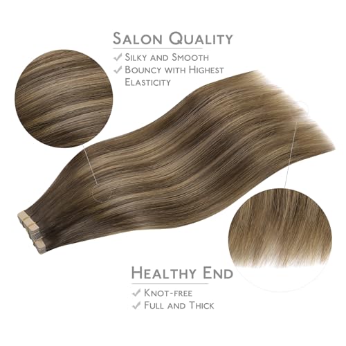 Image of Wennalife Tape in Hair Extensions Human Hair, 40pcs 60g 10 inch Balayage Chocolate Brown to Caramel Blonde Hair Extensions Real Human Hair Straight Tape in Extensions Reusable Real Hair Extensions