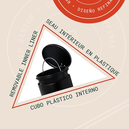 Image of ACENTO Rondo 1.3 Gallon Round Step Trash Can with Soft-Close Lid, Removable Liner Bucket, Small Metal Garbage Bin for Bathroom, Bedroom, Dorm, Office, Matte Black