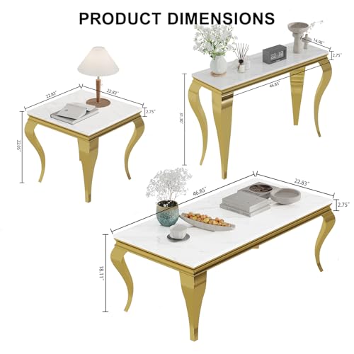Image of Luxury Coffee Table Set of 3, Coffee Table with End Table, Sofa Console Table, Modern 3 Piece Living Room Table Set with Faux Marble Top & Gold Stainless Steel S Legs for Apartment Home Office