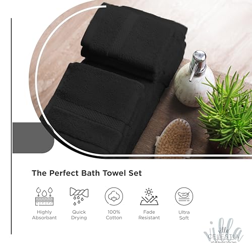 Image of Villa Celestia 12-Piece 100% Cotton Towel Set, 4 Bath Towels, 4 Hand Towels, 4 Wash Cloth, Quick-Dry, Black