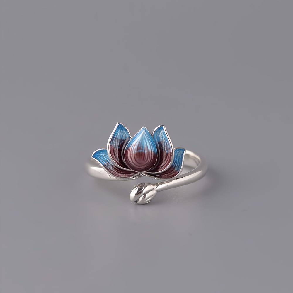 Bague fleur de lotus émail en argent sterling 925 pour femmes filles ouverte réglable