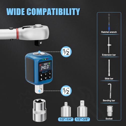 Miniatura 5 de Alaial Llave Dinamometrica Digital 1 2 , 5-340nm Adaptador De Par Digital, Alta Precisión, Memoria Preestablecida, Zumbador E Indicador Led Con 3 8 Y 1 4 Adaptador Para Coche, Moto, Bicicleta