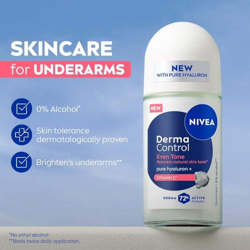 Image of NIVEA Derma Control Even Tone Underarm Deo Roll-On for Women | Smoother & Brighter Underarms | 72H Derma Active Protection | With Pure Hyaluronic Acid & Vitamin C | 0% Alcohol | 50 ml
