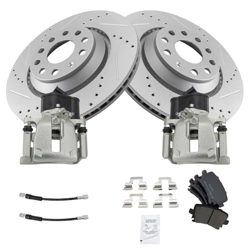 Image of TRQ Performance Rear Brake Pad and Rotor Set Semi Metallic Slotted Drilled G Coated Rotors Calipers Compatible with 2010 2016 Volkswagen CC 2010 Passat