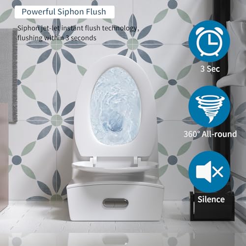 Inodoro de una pieza, inodoro de doble descarga, inodoro alargado, altura ADA 12 pulgadas con sifón en S, cerámica blanca brillante, asiento de cierre suave, descarga sifónica potente de 1000 g, montaje en piso para baños miniatura 6
